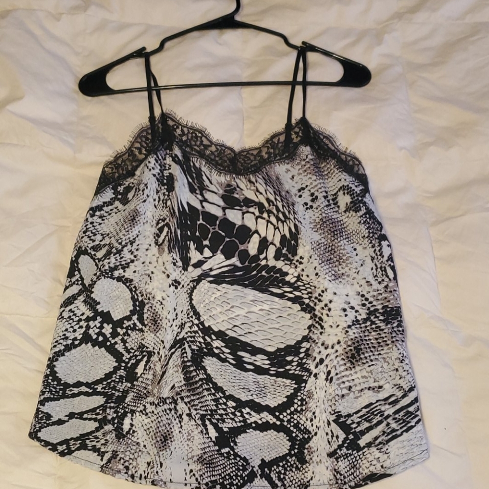 black and grey snake print cami with lace trim.